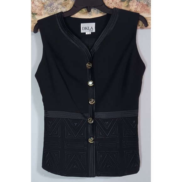 DKLA 7/8 Black Business Event Button Occasion Textured Vintage Retro Vest Top - Picture 1 of 5